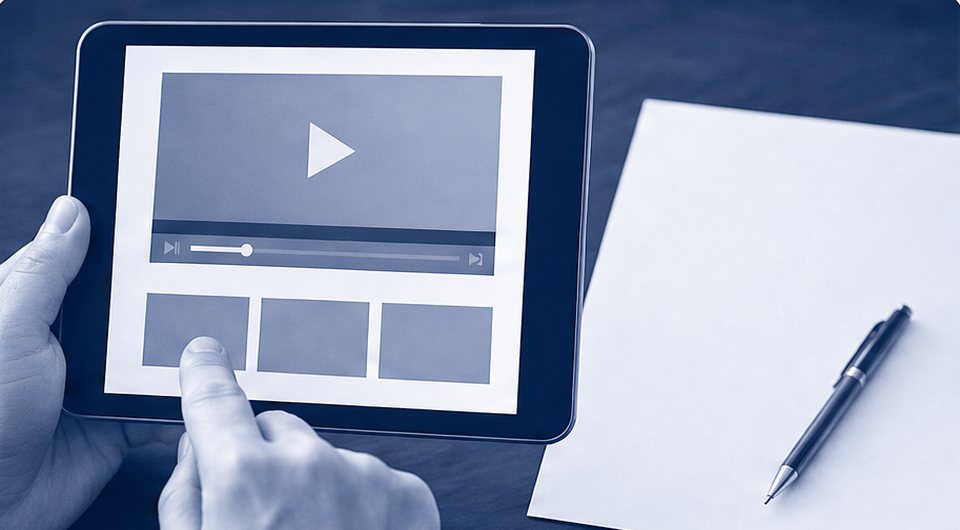 タブレットの動画と白紙のレポートを前に止まったペン