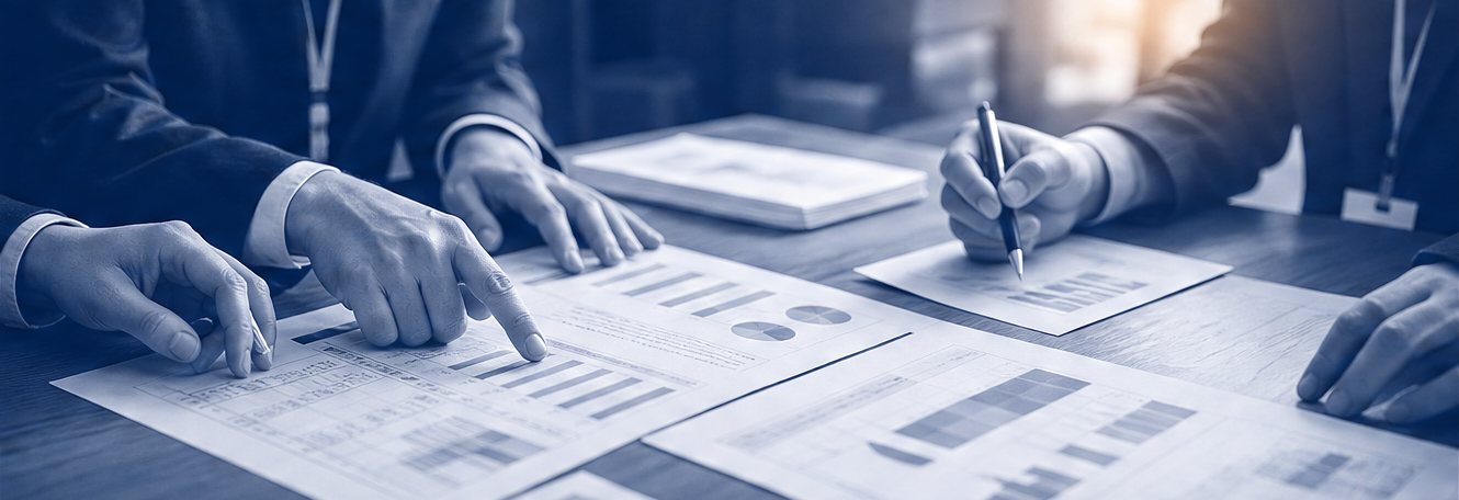 御社の会議室で、社員と同じ机に並び計画書を指し示す手元