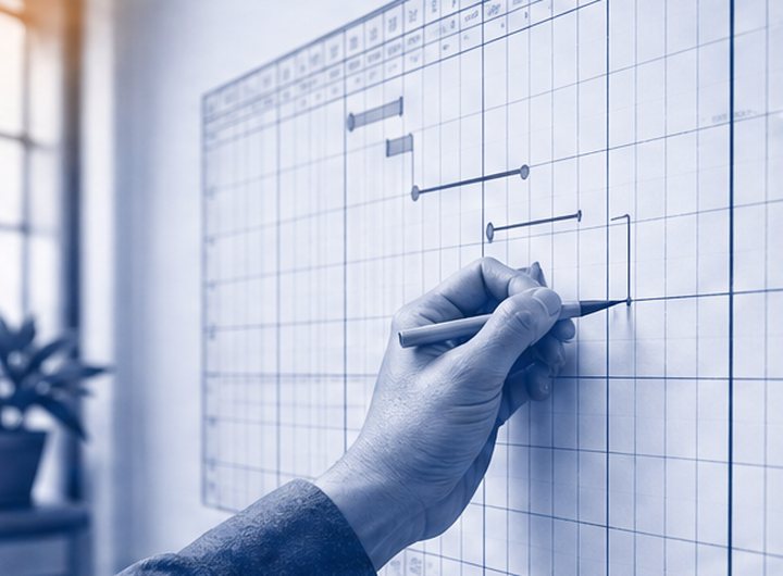 壁の計画表に印をつける手元